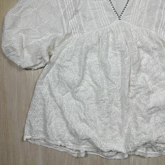 Zara White Eyelet Embroidered Puff Sleeve Boho Peasant Mini Dress Top Medium - Picture 4 of 12